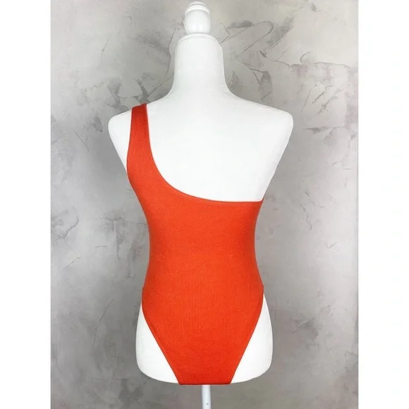 Orange one piece one shoulder knit ribbed swimsuit belted ring faux turtle - Picture 2 of 5